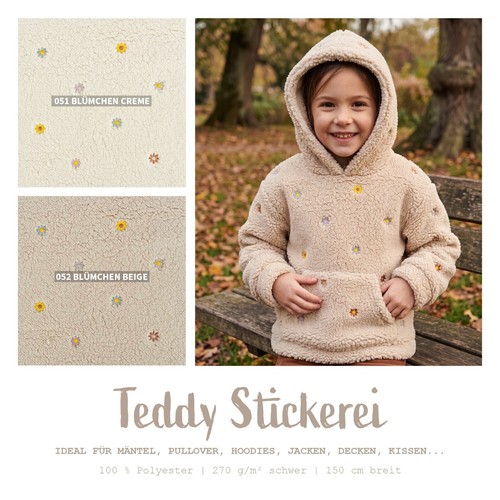Teddystoff bestickt blümchen - teddystoff,